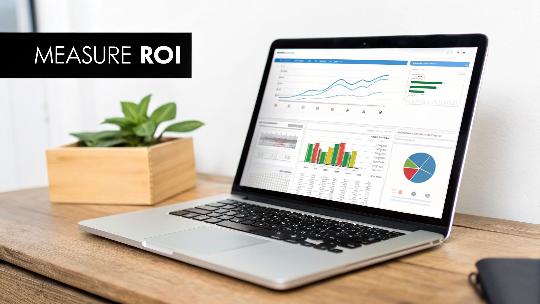 A laptop displaying data analysis charts and graphs for measuring ROI on a wooden desk with a plant.