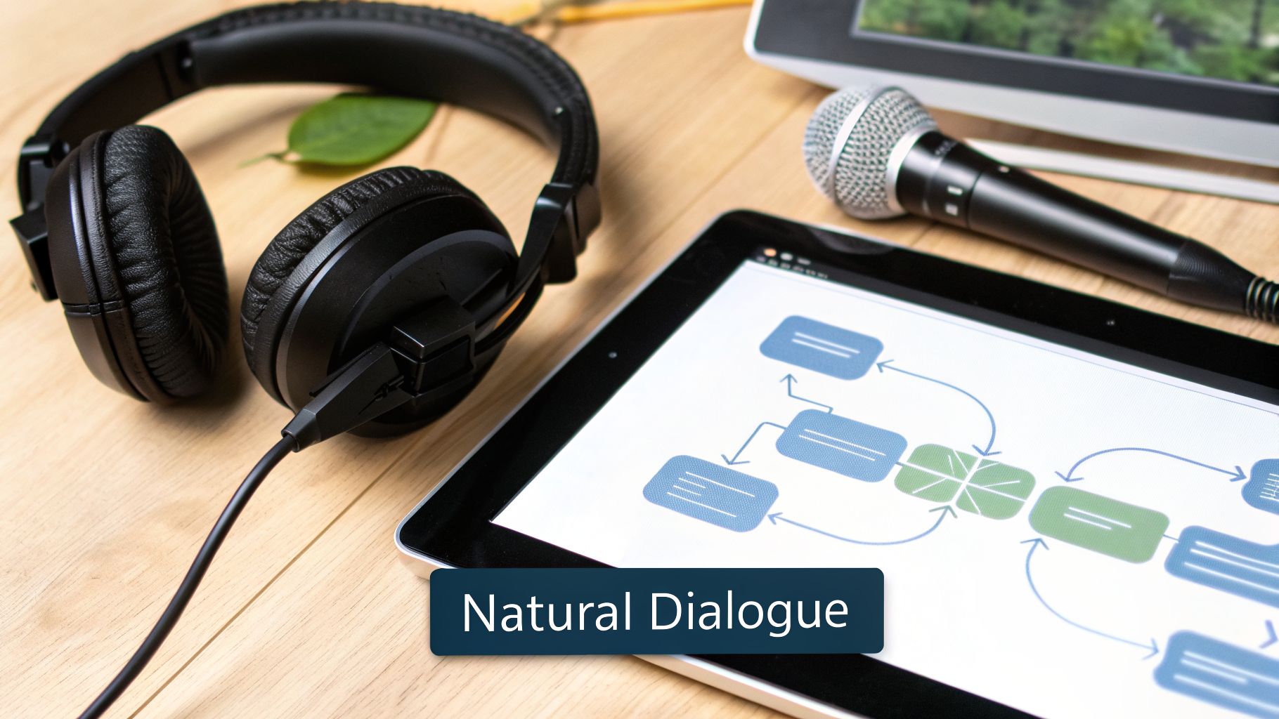 Black headphones, a microphone, and a tablet displaying a flowchart with 'Natural Dialogue' text on a wooden desk.
