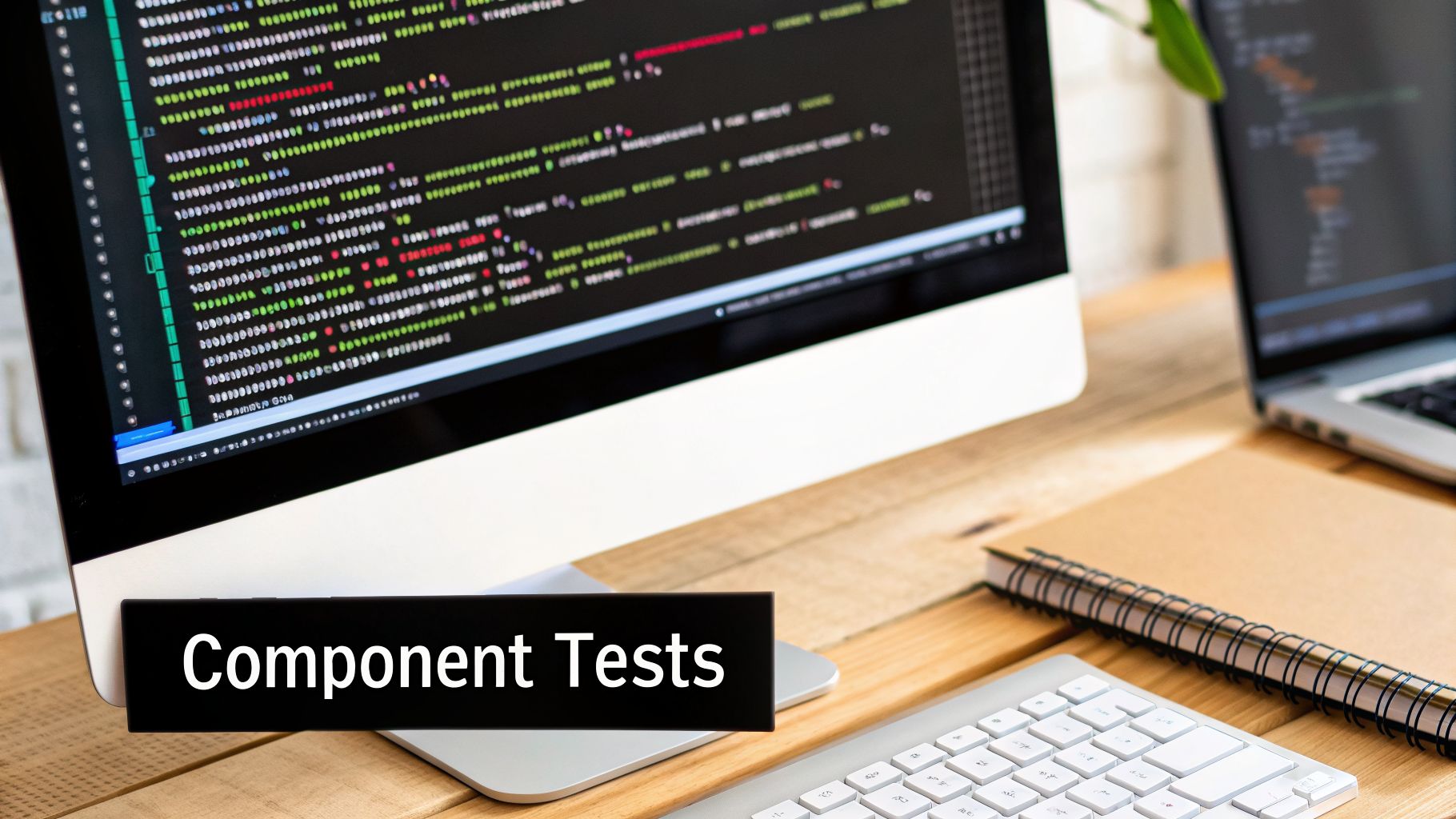 A developer's desk setup featuring a monitor with code, a white keyboard, and a laptop. Overlay: 'Component Tests'.