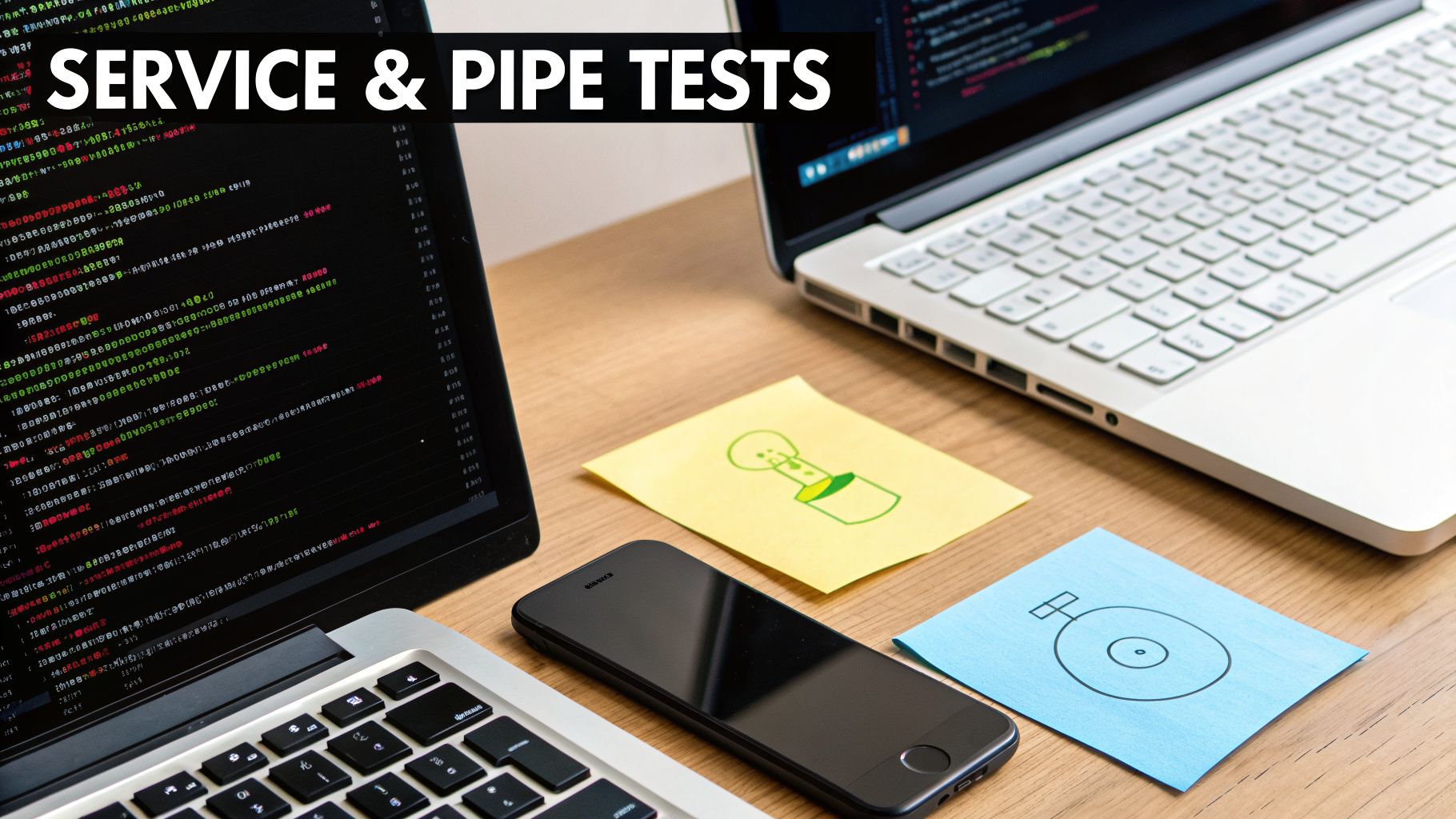 Two laptops displaying code and sticky notes on a wooden desk, with 'SERVICE & PIPE TESTS' overlay.