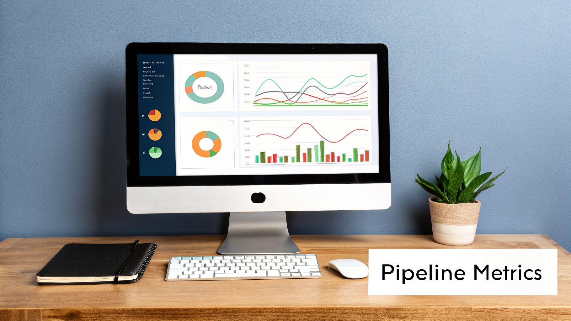 Desktop setup with a monitor displaying pipeline metrics charts, a keyboard, mouse, notebook, and a plant.