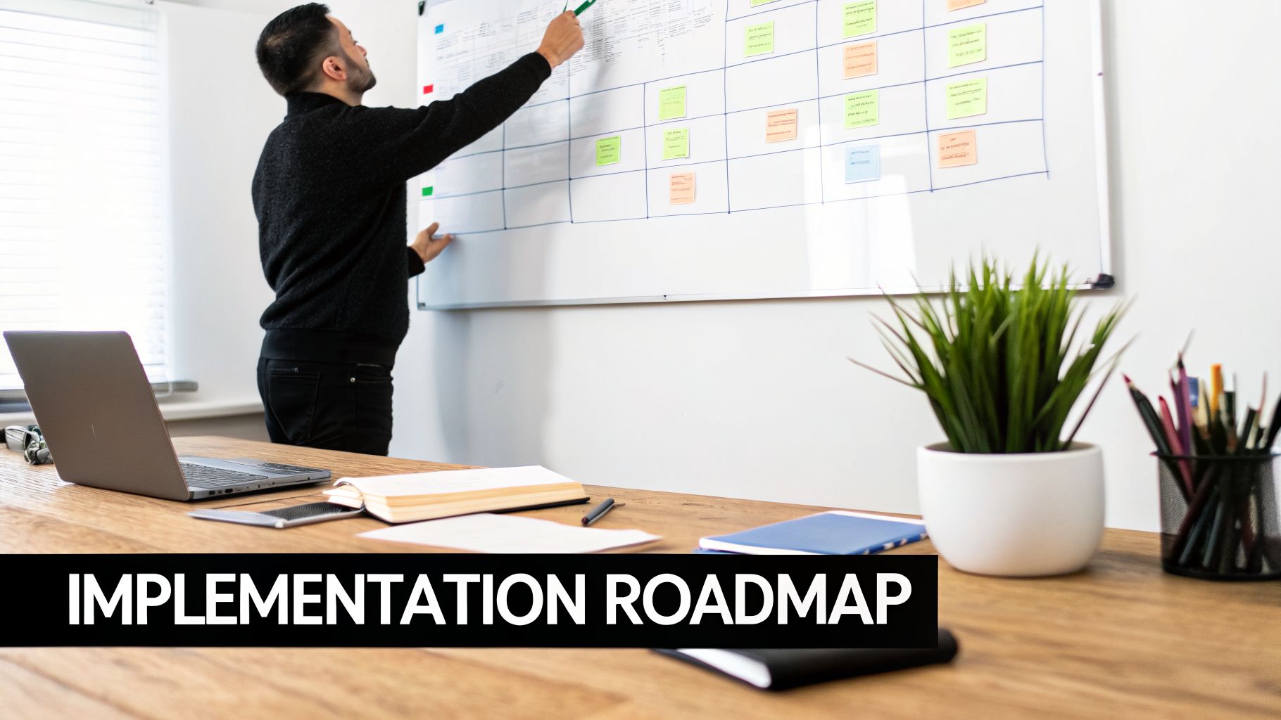 A man points at a whiteboard with sticky notes, while a laptop and office supplies sit on a wooden desk.