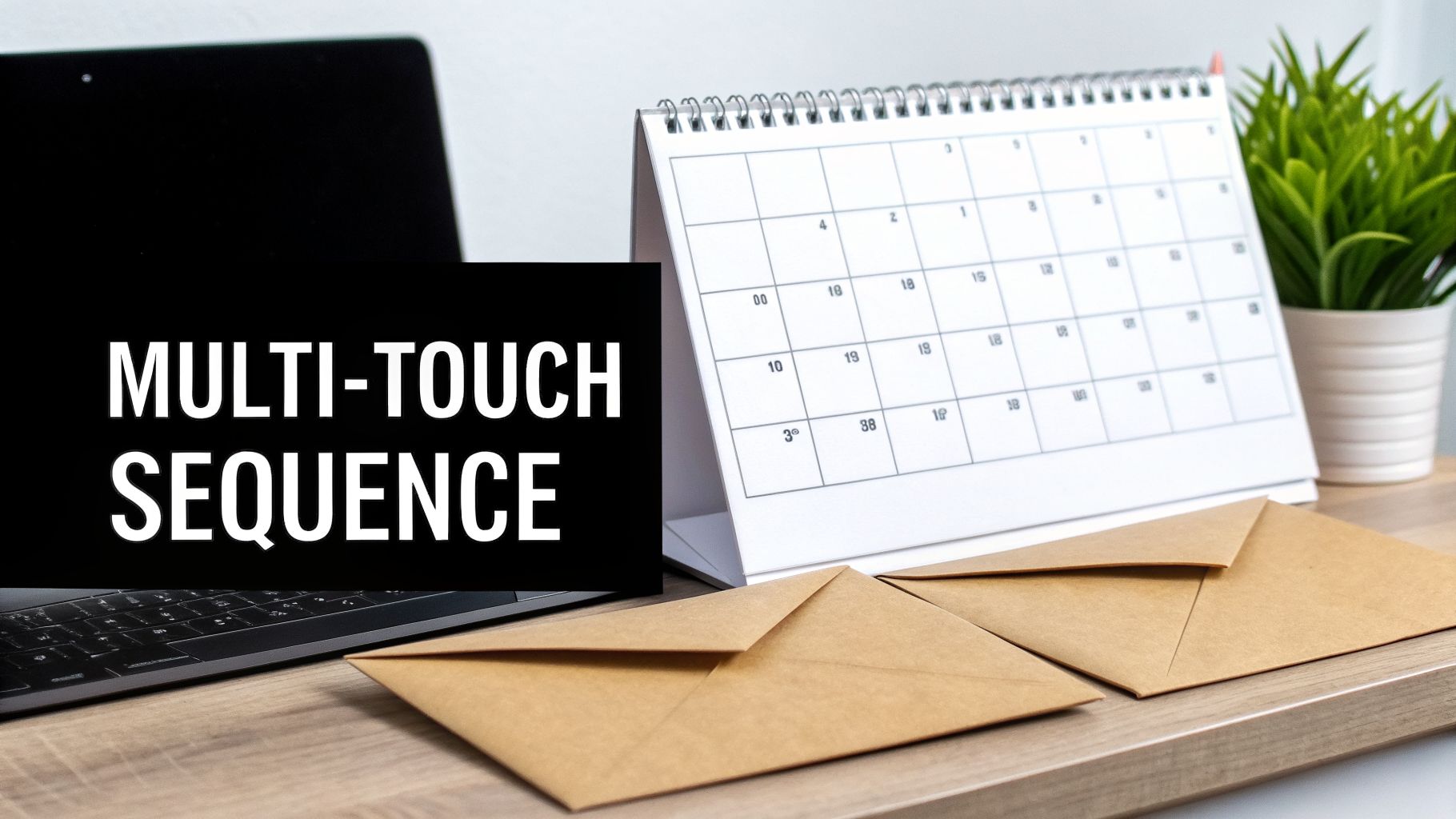 A laptop screen displaying 'MULTI-TOUCH SEQUENCE' on a desk with a calendar, envelopes, and a plant.