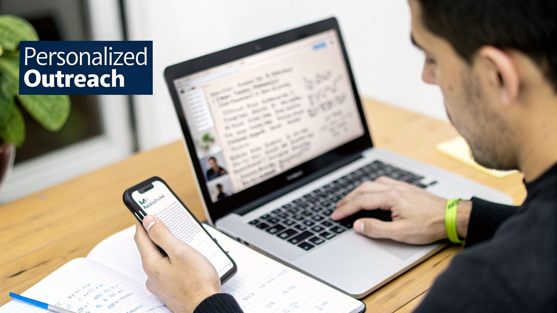 A person works on a laptop and holds a smartphone, engaging in personalized outreach.