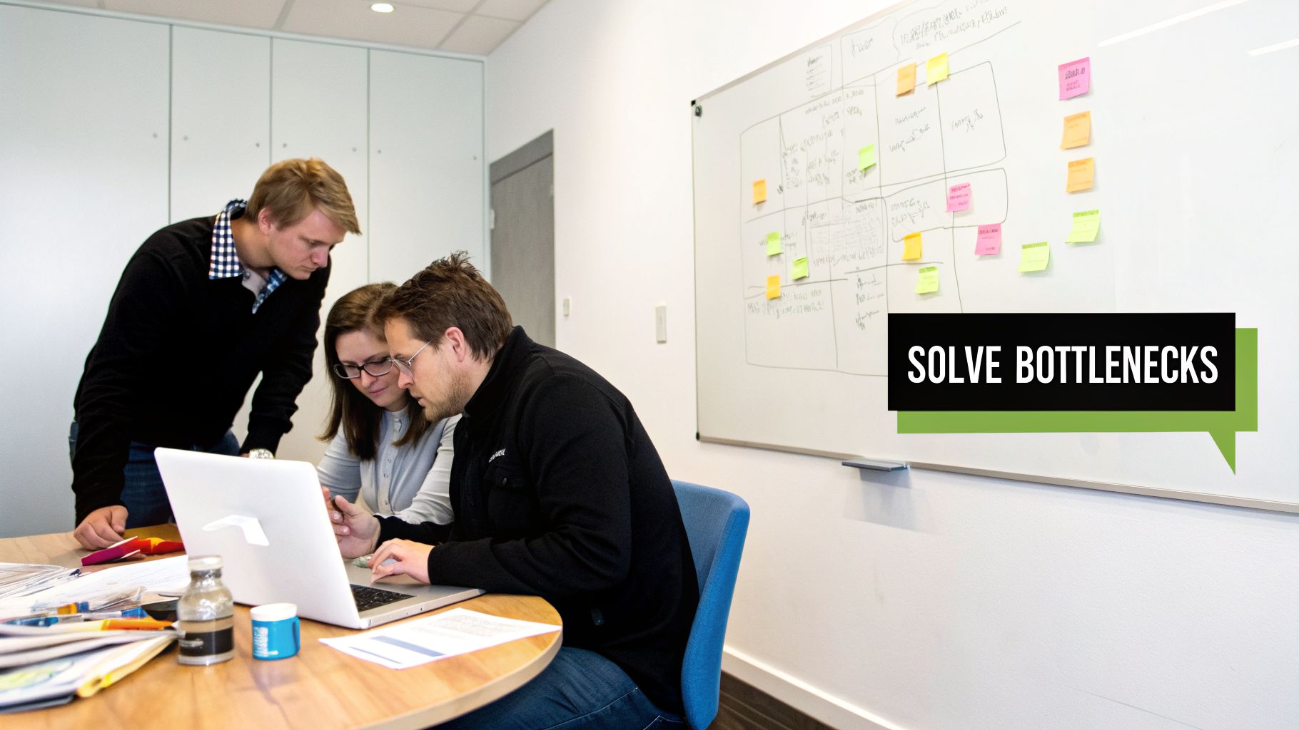 Three colleagues collaborate around a laptop in an office, brainstorming with a whiteboard in the background.