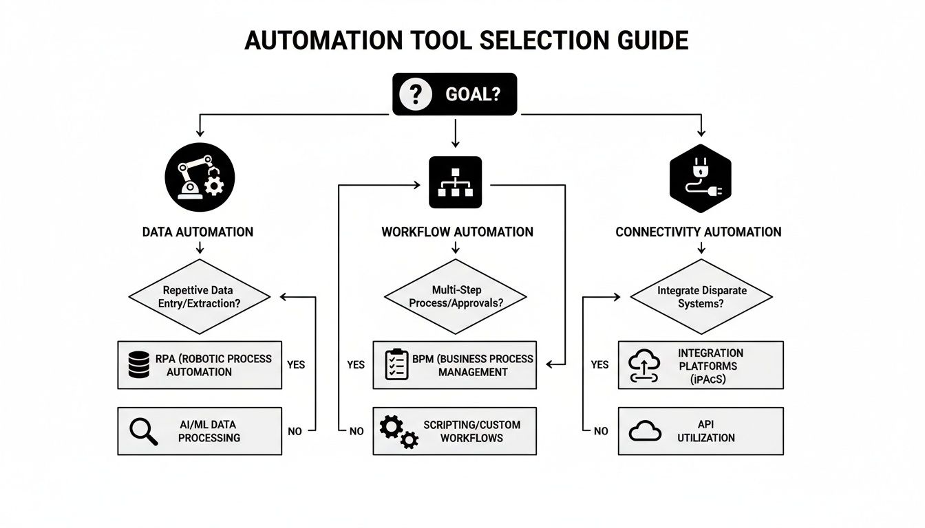 Flowchart guiding the selection of automation tools for data, workflow, and connectivity needs.