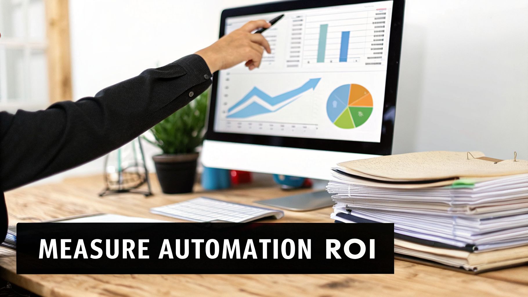 A hand points at a computer screen displaying business analytics, charts, and graphs, with 'MEASURE AUTOMATION ROI' text.