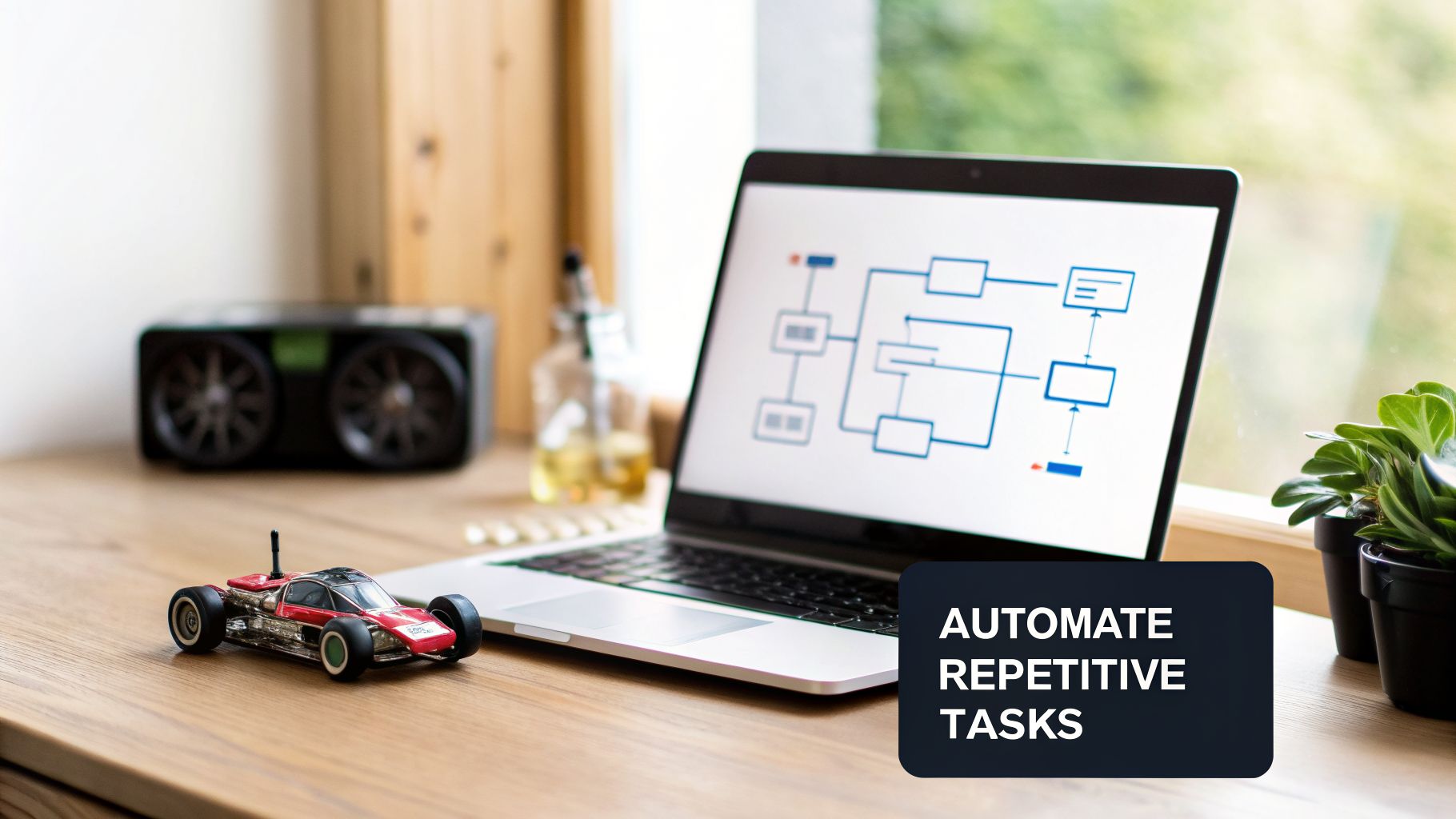 A laptop displaying a flowchart diagram for automation, next to a toy car and plant on a desk.