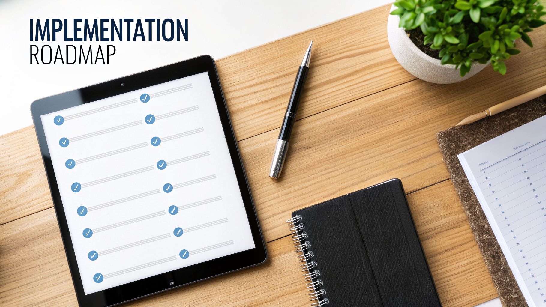 Overhead shot of a wooden desk with a tablet showing an implementation roadmap checklist, a pen, and office supplies.