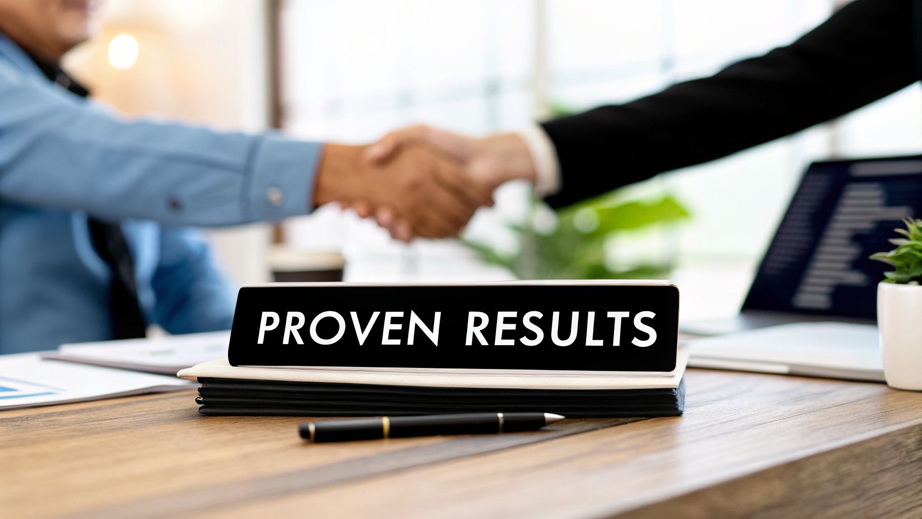 Two business people shake hands over a desk with a 'PROVEN RESULTS' sign, symbolizing successful partnership.