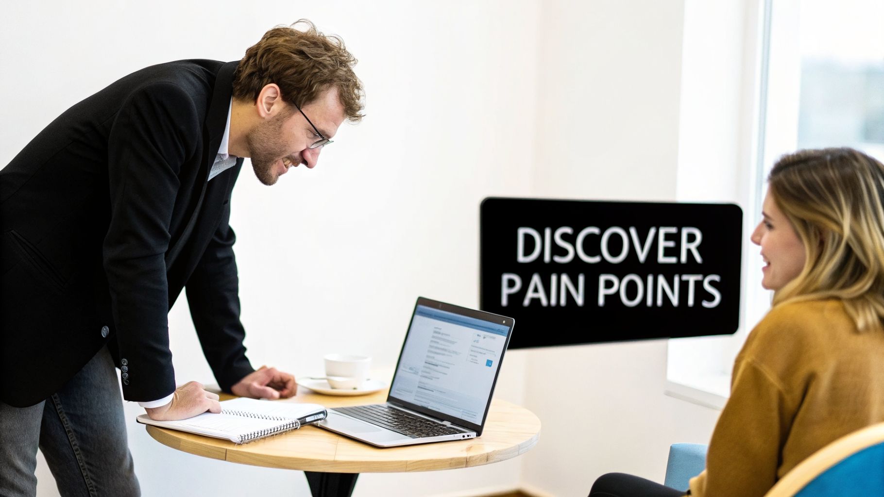 Man and woman discussing 'Discover Pain Points' on a laptop in a modern office setting.