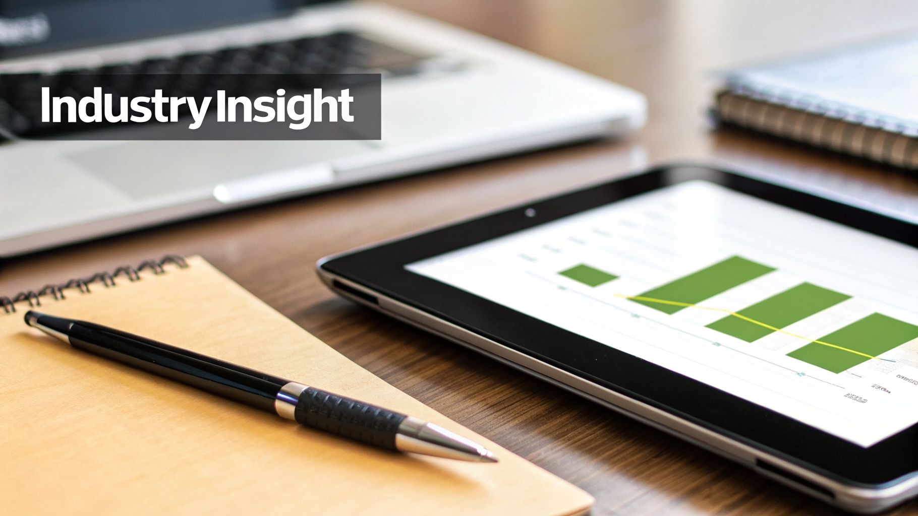 A desk setup with a laptop, tablet displaying a chart, notebook, and pen. Text: Industry Insight.