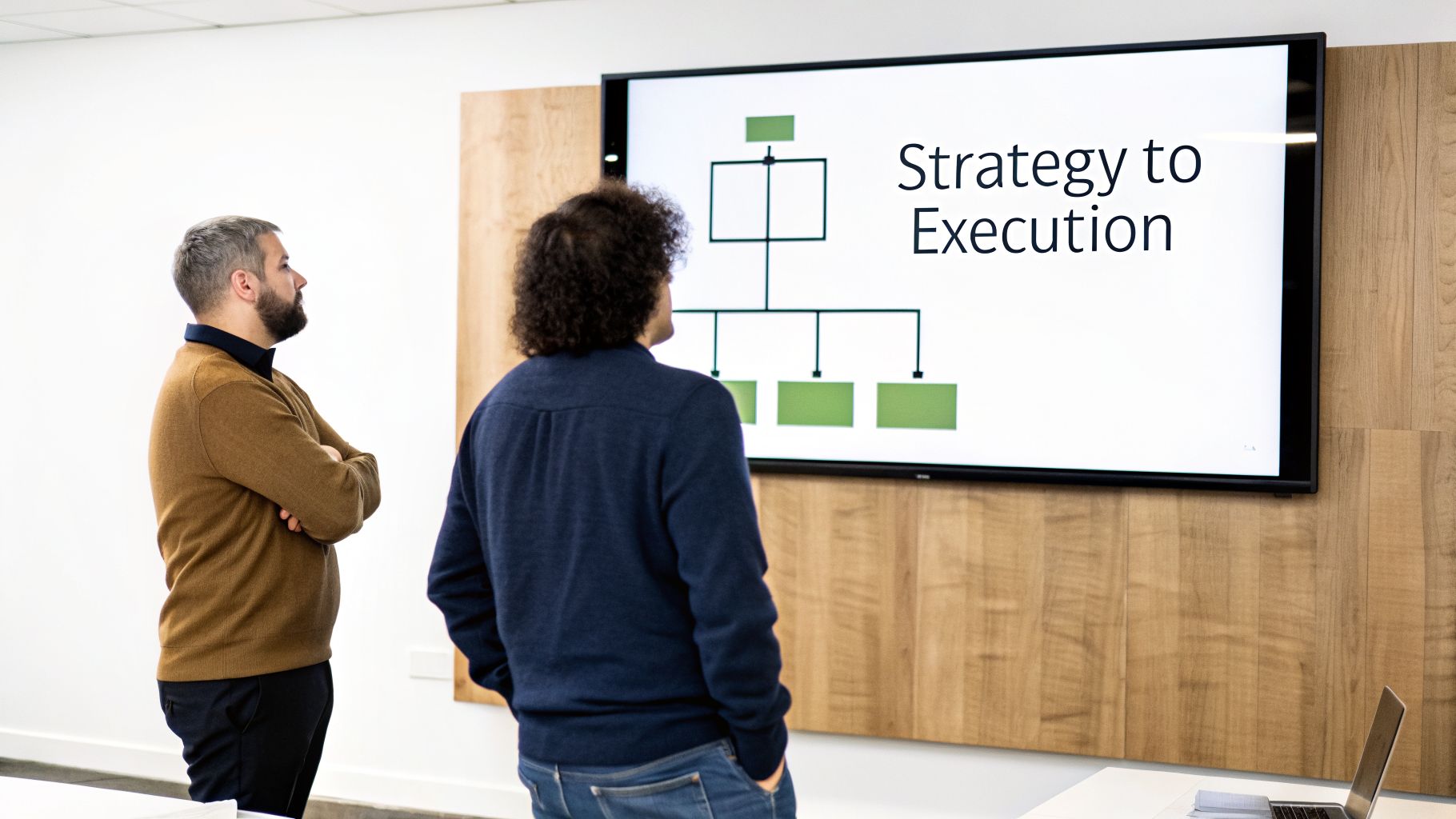 Two men observe a business strategy presentation displaying a flowchart and text 'Strategy to Execution'.