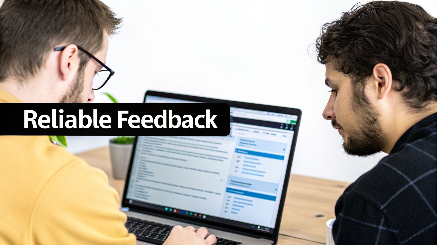 Two men collaborating and reviewing code on a laptop, with 'Reliable Feedback' text overlay.