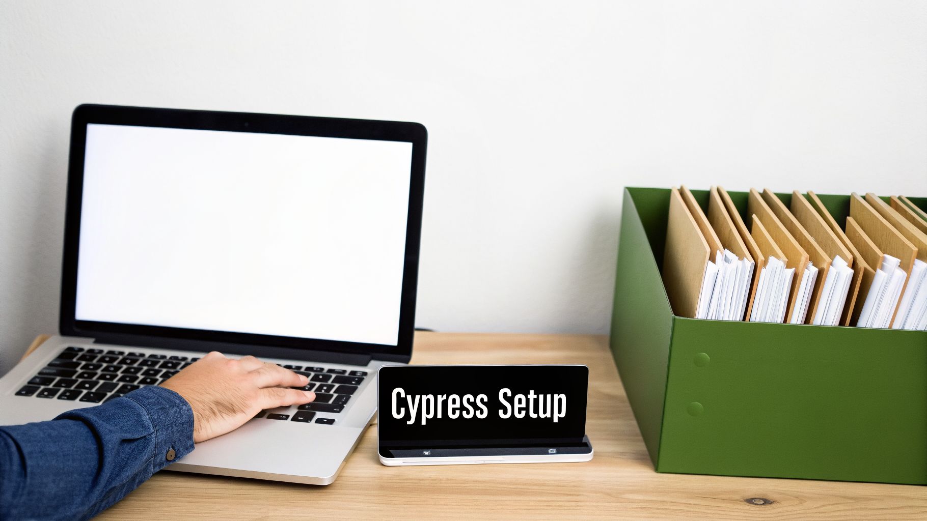 A person types on a laptop, with a display showing "Cypress Setup" and a file organizer on a desk.