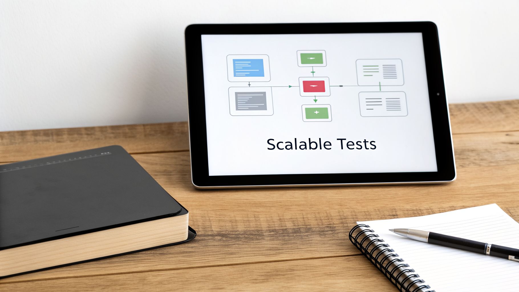 A digital tablet on a wooden desk displays a flowchart with the title 'Scalable Tests' alongside a notebook and pen.