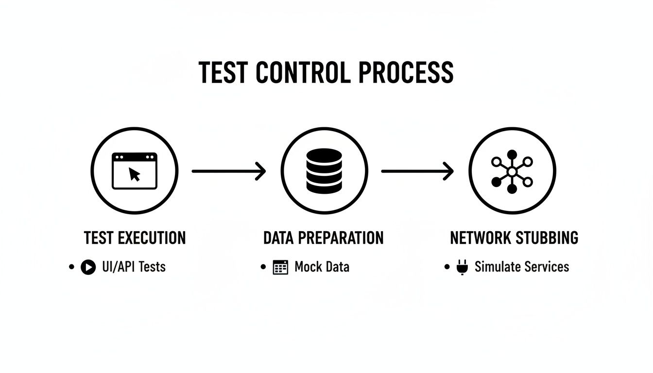 Flowchart detailing a test control process, including test execution, data preparation, and network stubbing.