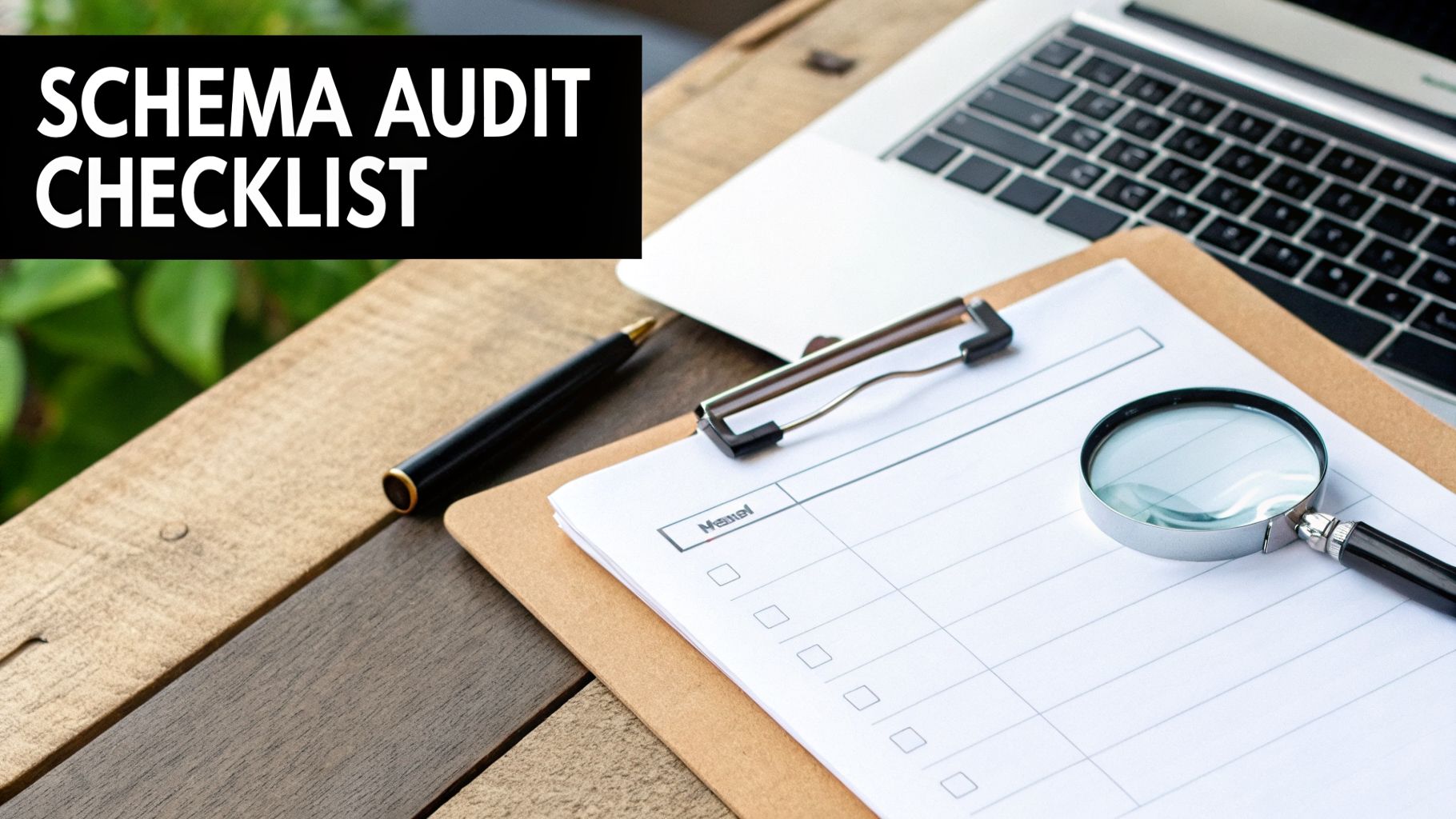 A checklist titled 'SCHEMA AUDIT CHECKLIST' with a magnifying glass, pen, and laptop on a wooden desk.