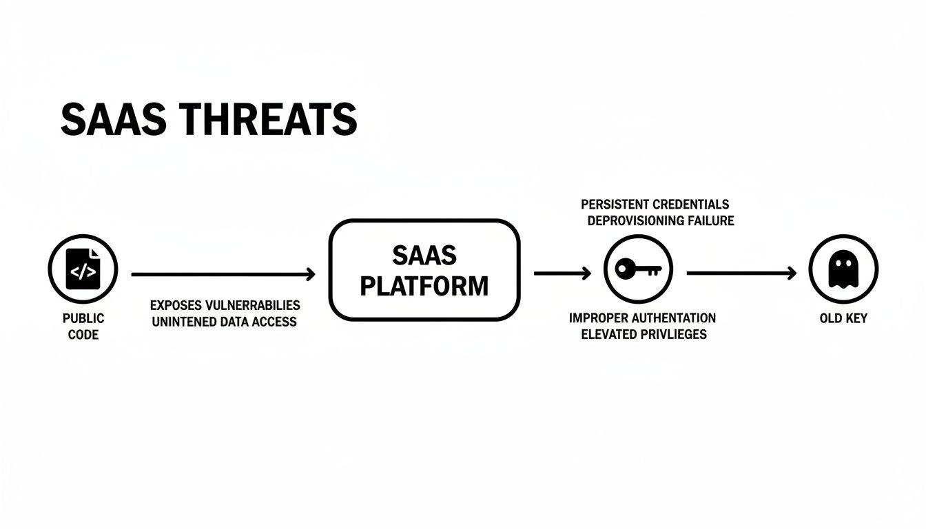 Flowchart illustrating SaaS threats, showing public code leading to platform vulnerabilities and old key exposure.