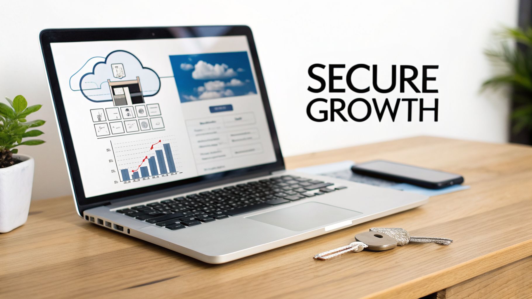 A laptop displays cloud security and growth charts, with keys on a wooden desk.