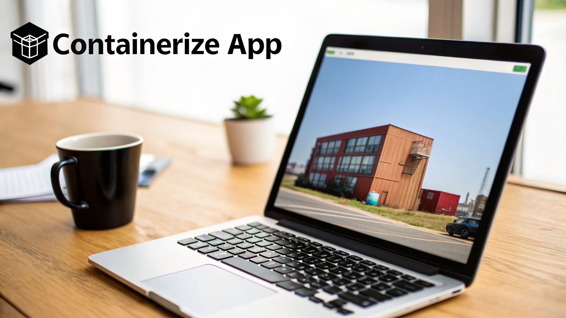 A laptop on a wooden desk with a 'Containerize App' logo. The screen shows an industrial building.