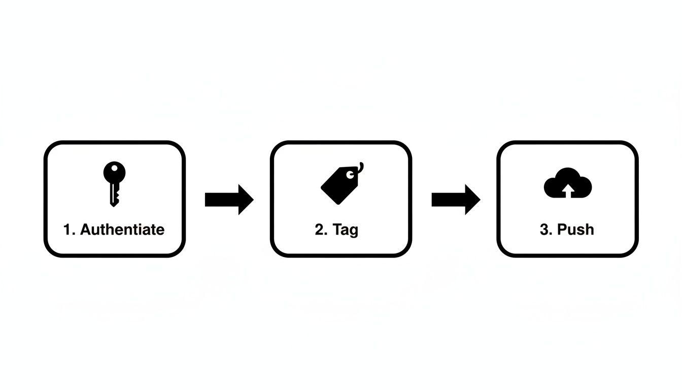 A three-step process diagram showing authenticate (key), tag (price tag), and push (cloud upload) icons.