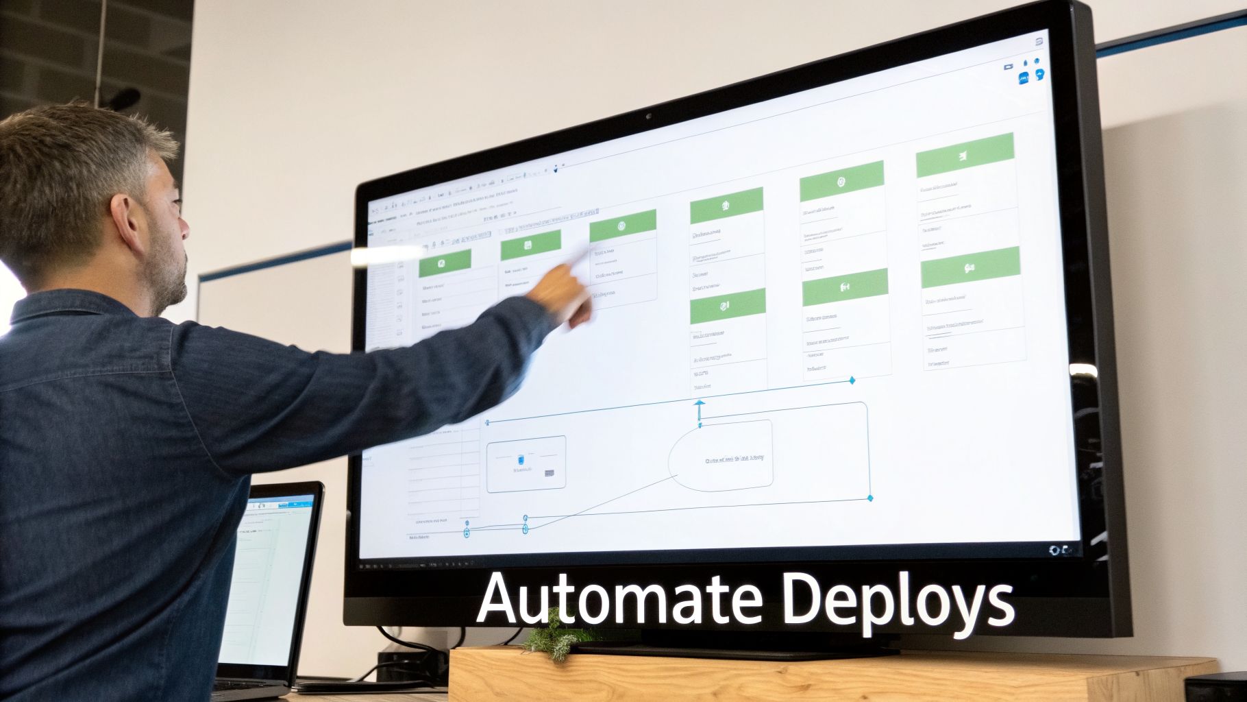 A man interacts with a large screen displaying a complex software deployment workflow diagram.