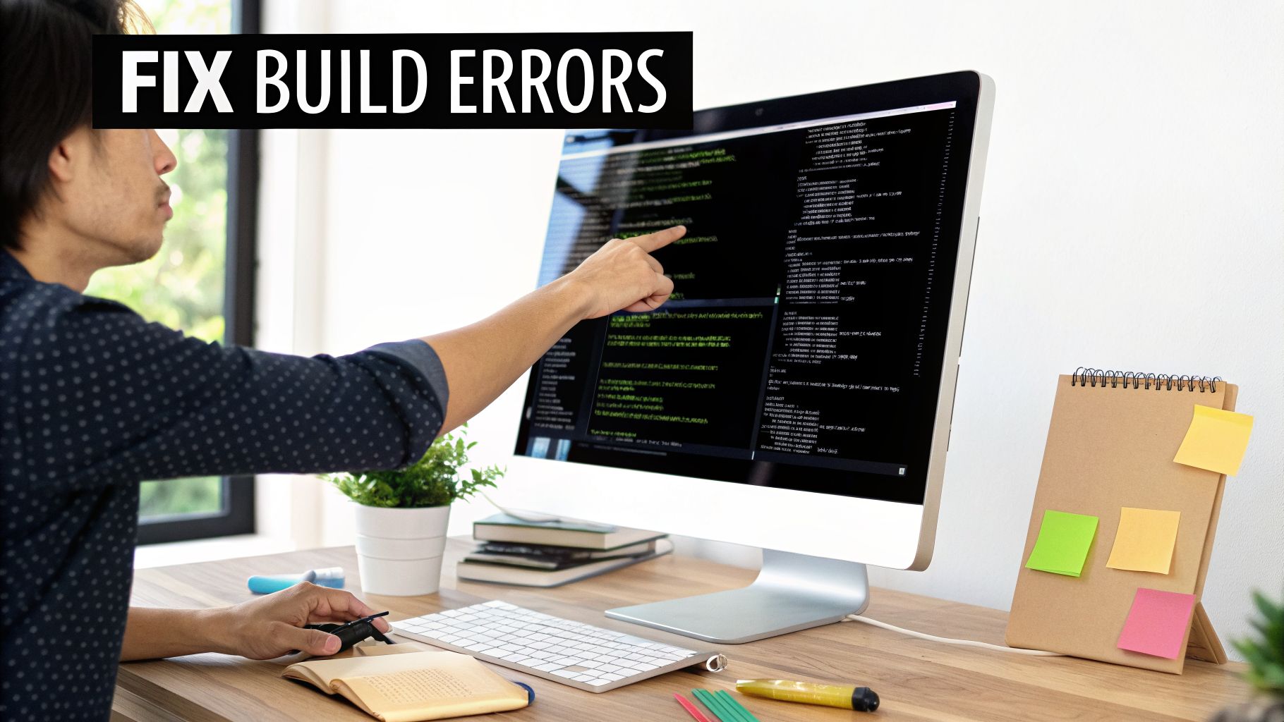 A programmer points at a computer screen displaying code with 'FIX BUILD ERRORS' overlay, working at a desk.