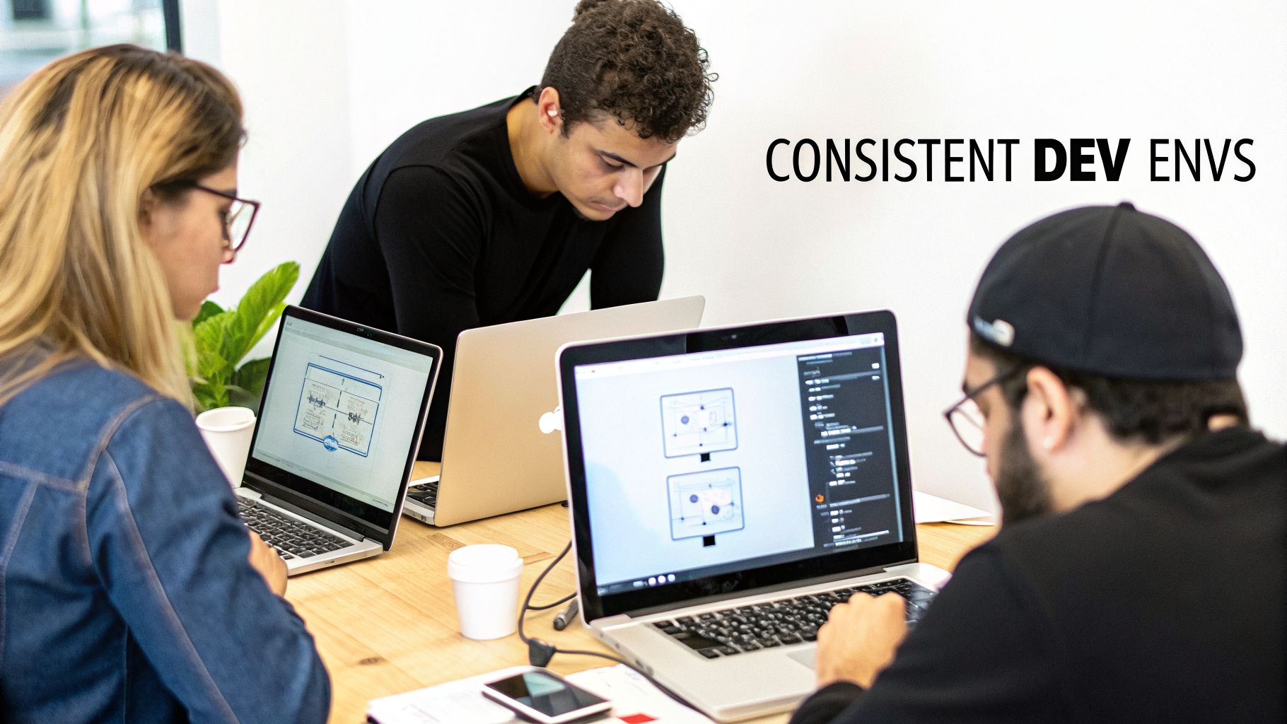 Three developers work on laptops in an office, ensuring consistent development environments.