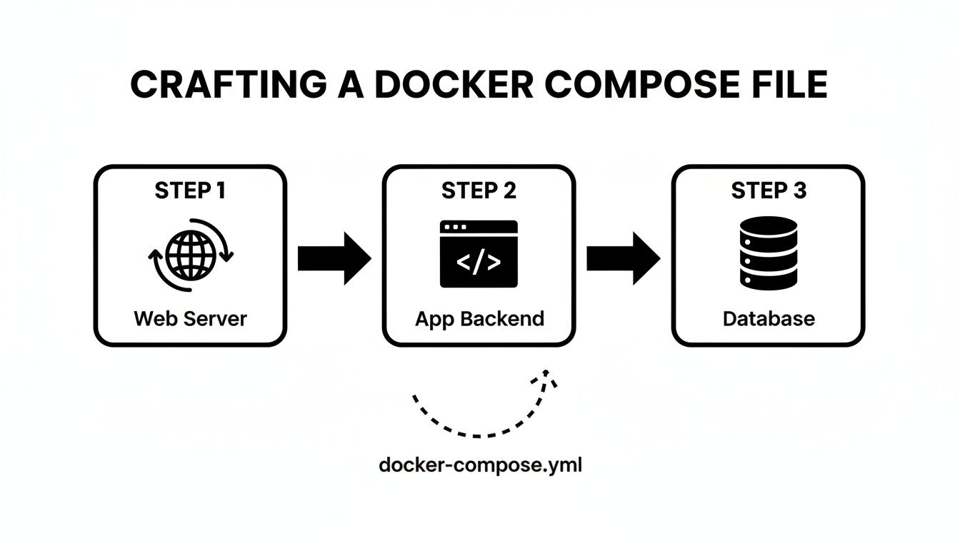 Flowchart showing Web Server, App Backend, and Database components orchestrated by a Docker Compose file.