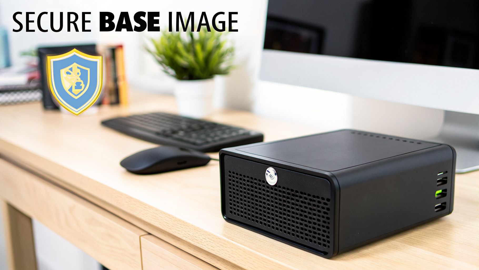 A black mini PC with a security emblem and green lights on a wooden desk with a keyboard and mouse.