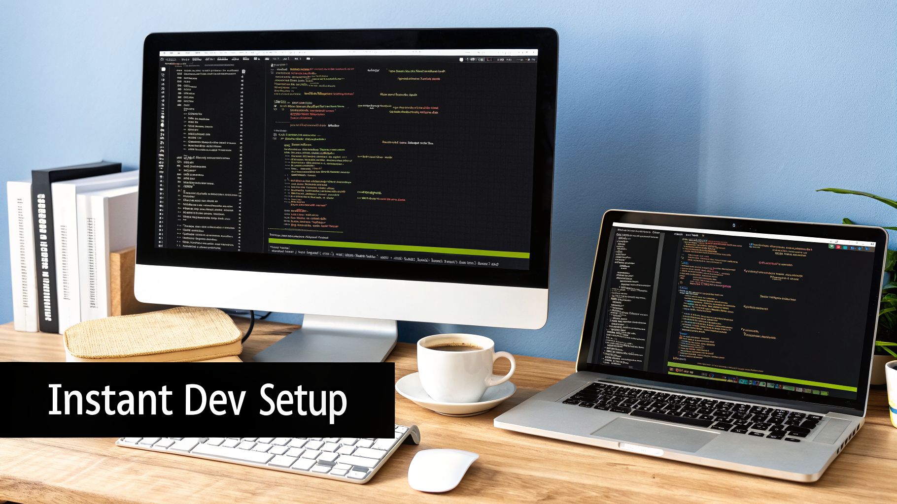 A modern developer's desk featuring a large monitor, laptop, keyboard, mouse, and a coffee cup, all displaying code.