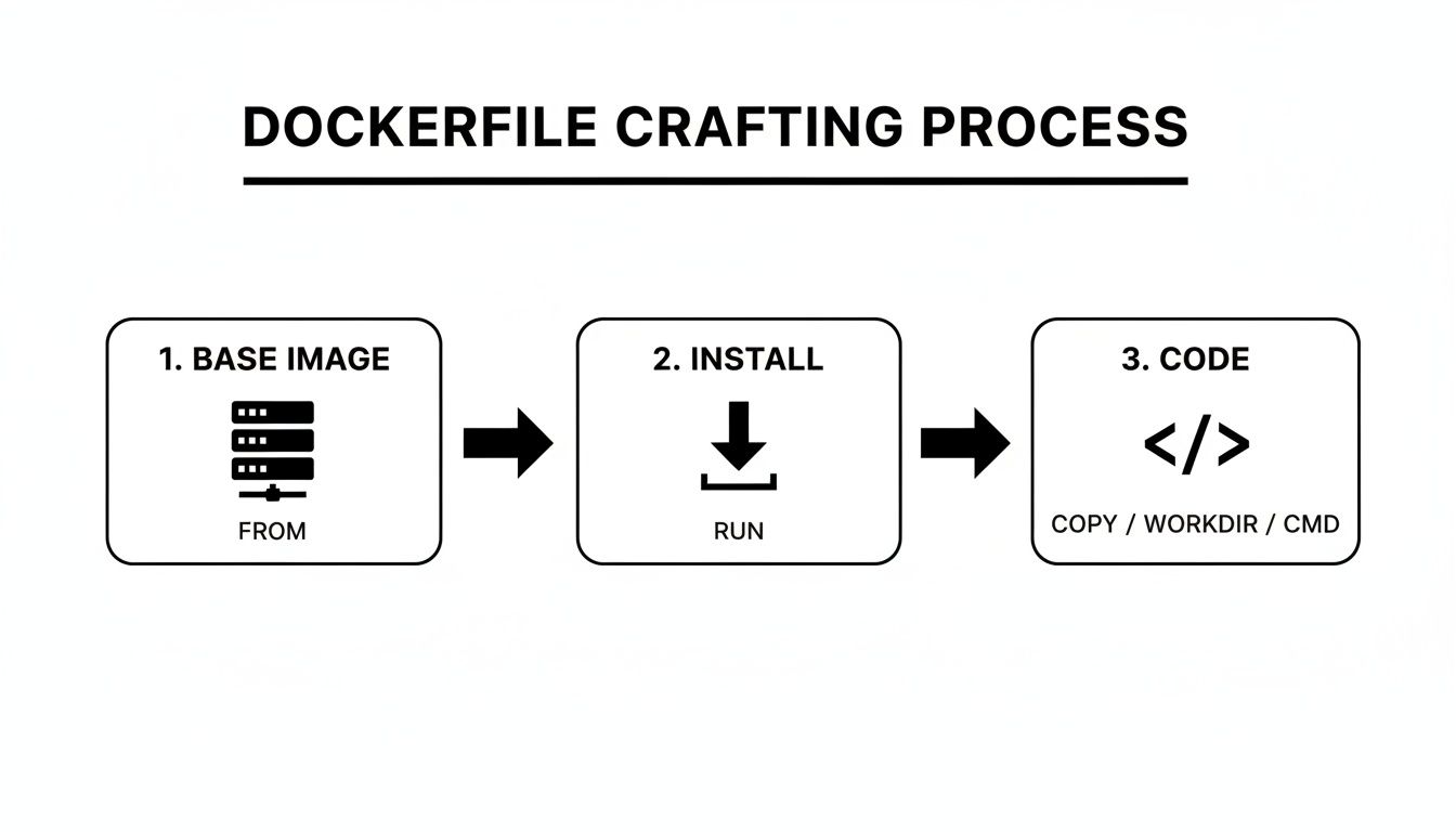 Flowchart illustrating the Dockerfile crafting process with steps for base image, installation, and code commands.