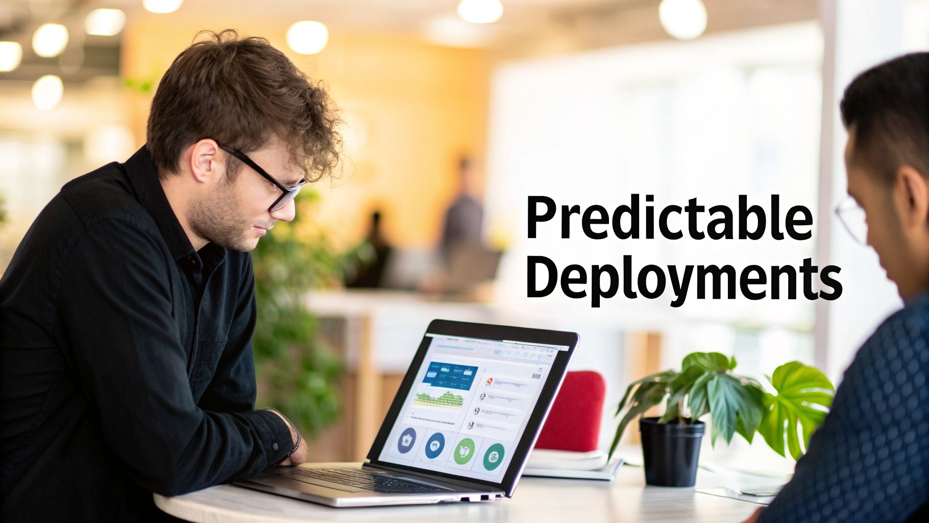 A man in glasses focuses on a laptop in a bright office environment, displaying 'Predictable Deployments'.