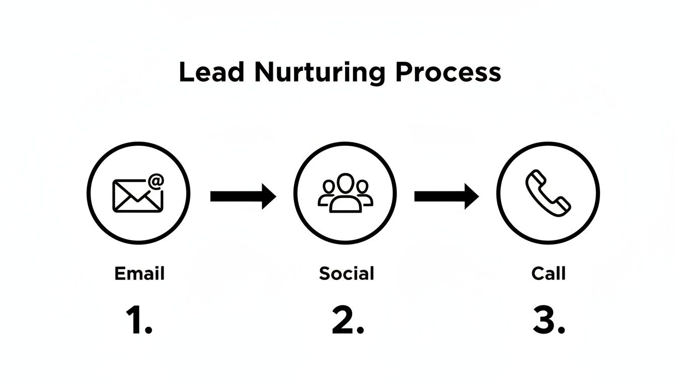 A three-step lead nurturing process diagram showing email, social media, and phone call stages.
