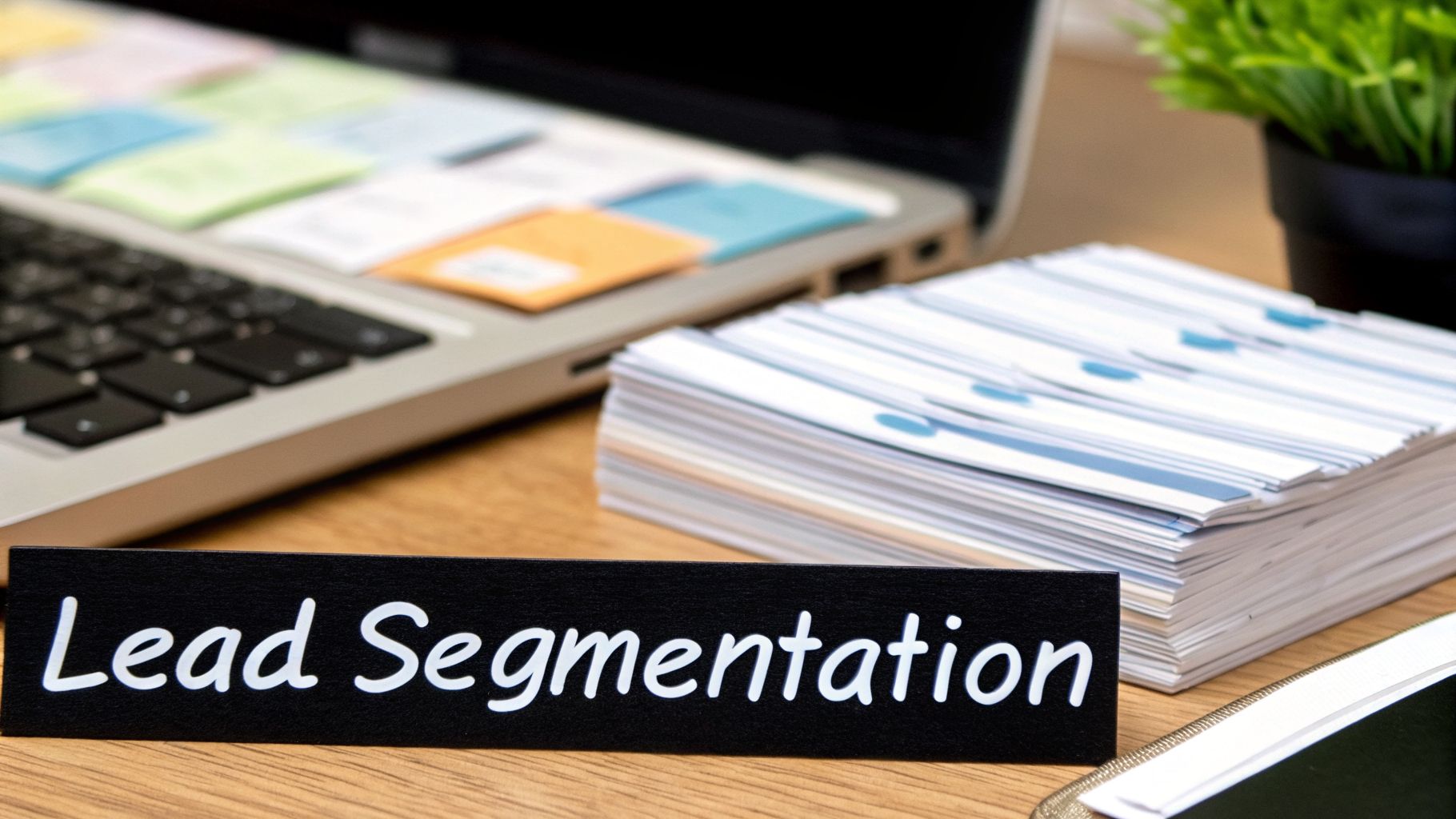 A 'Lead Segmentation' sign on a wooden desk with a laptop, sticky notes, and a stack of papers in the background.