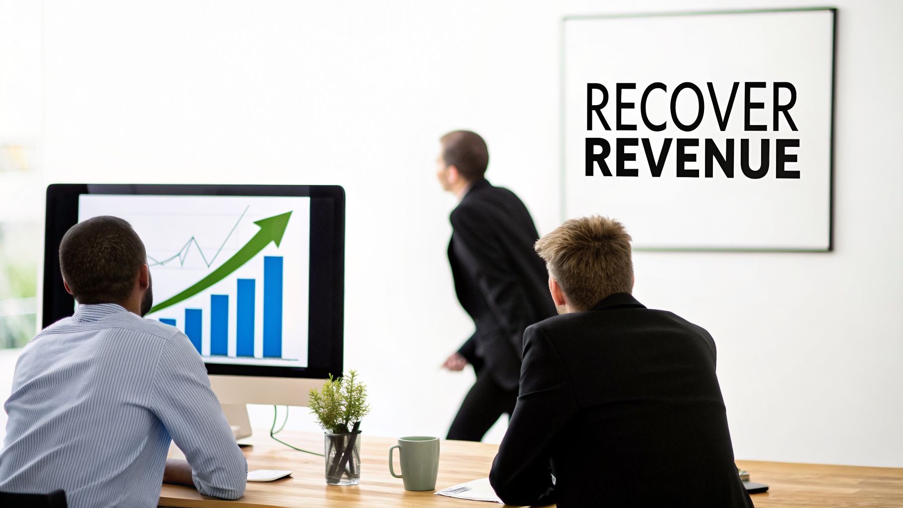 Business professionals strategizing revenue recovery with a growth chart on a computer screen.