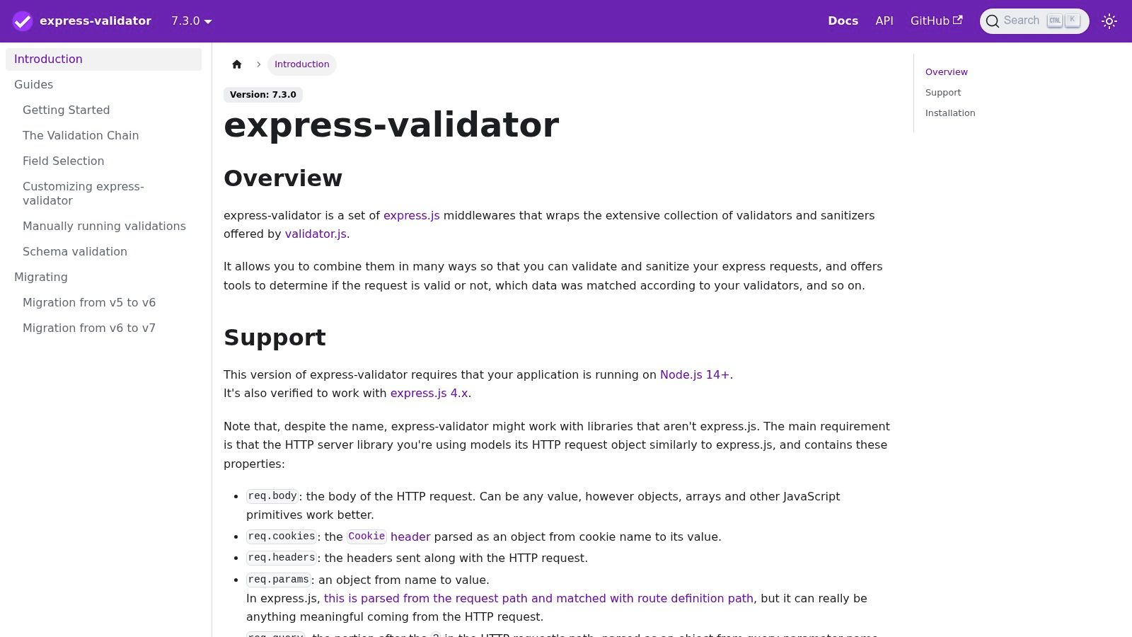express-validator documentation page showing validation chain examples