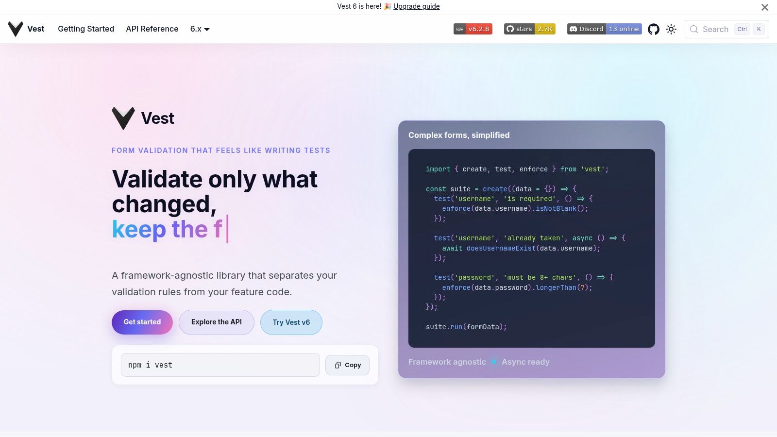 Vest documentation showing its test-inspired syntax for form validation