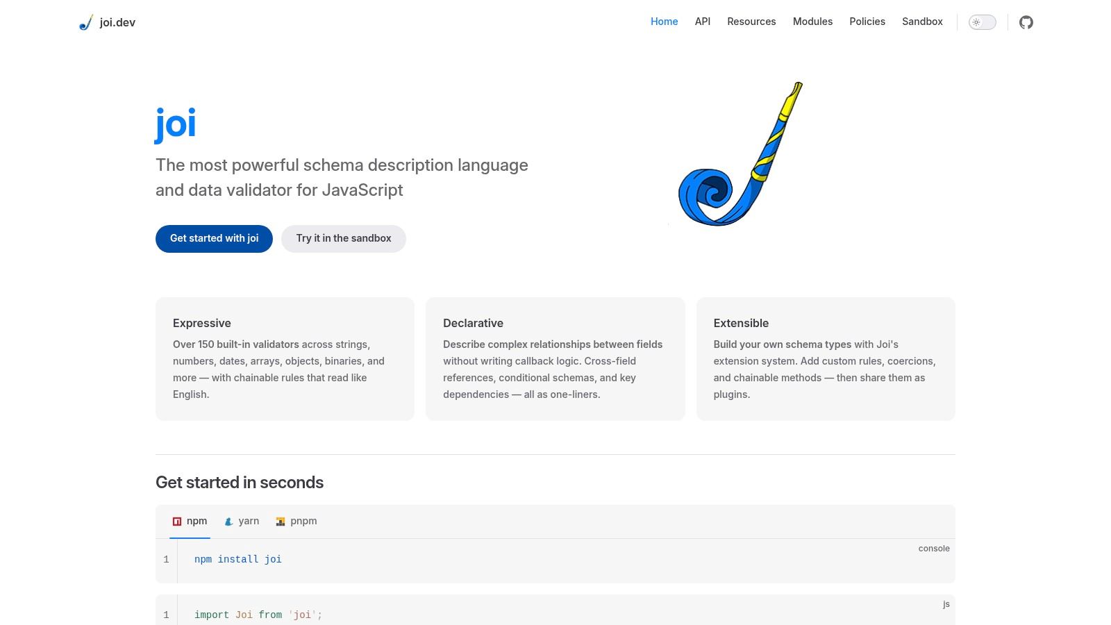 Joi homepage showing its logo and tagline