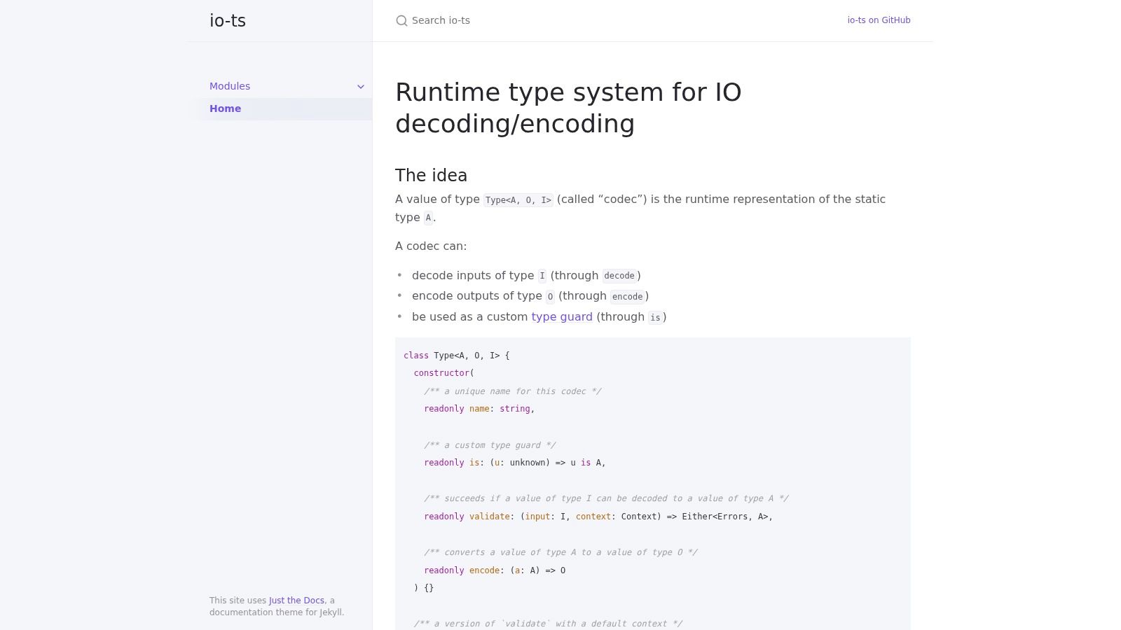 io-ts documentation showing a type codec definition