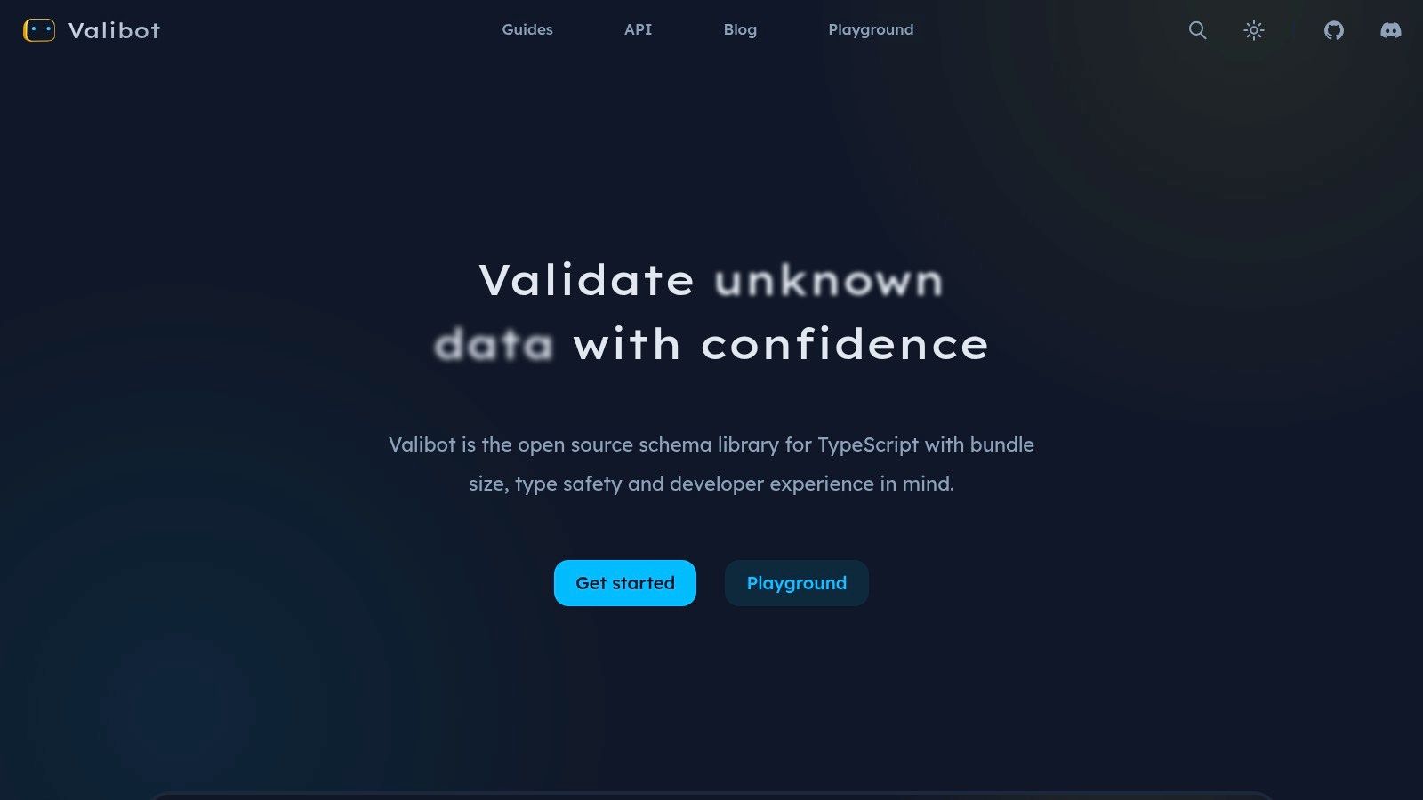 Valibot website documentation page showing schema validation code