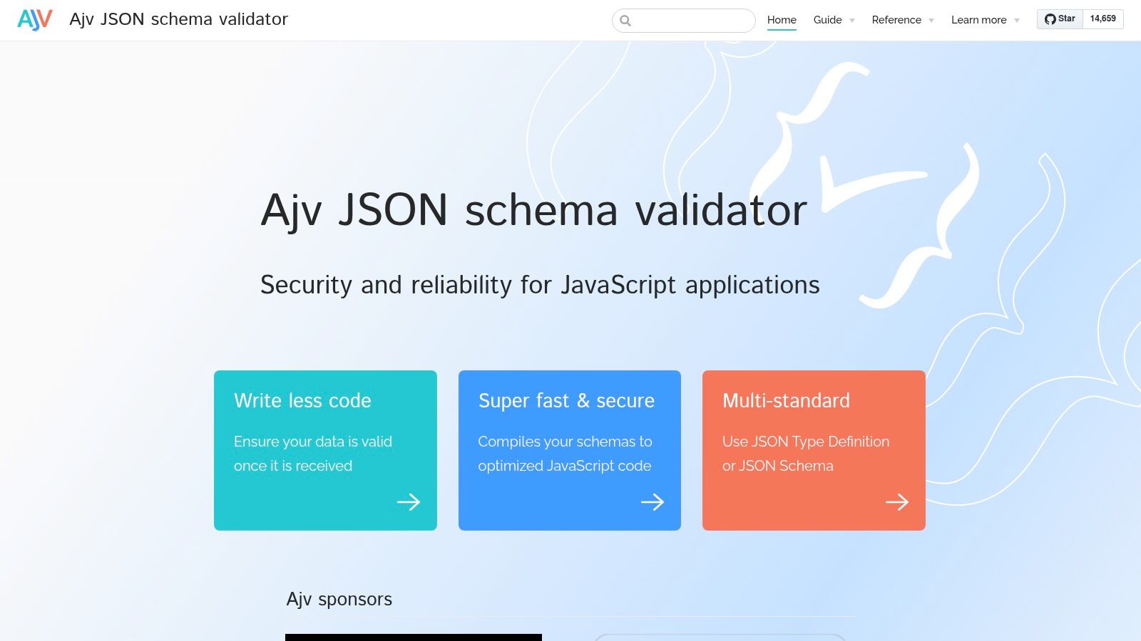 Ajv documentation homepage showing its features and purpose