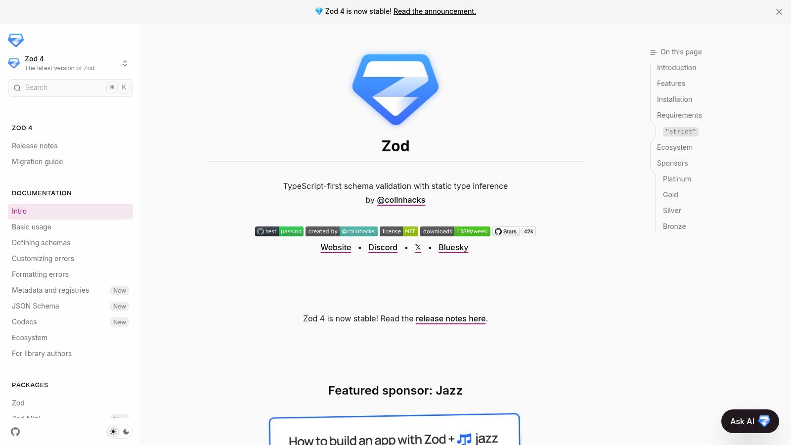 Zod documentation page showing schema definition and type inference