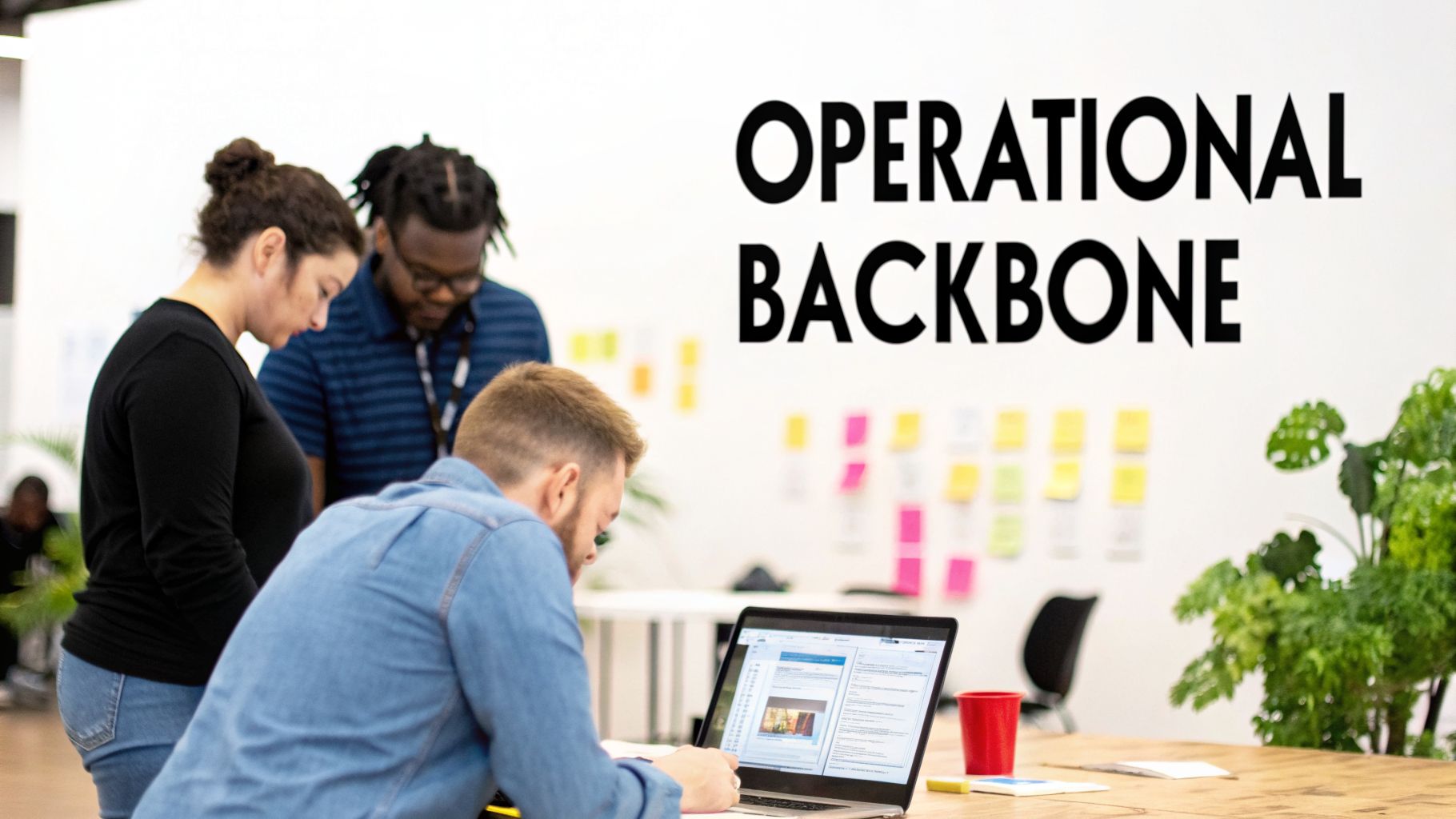 Three diverse colleagues collaborate in a modern office, one working on a laptop, with text on wall.