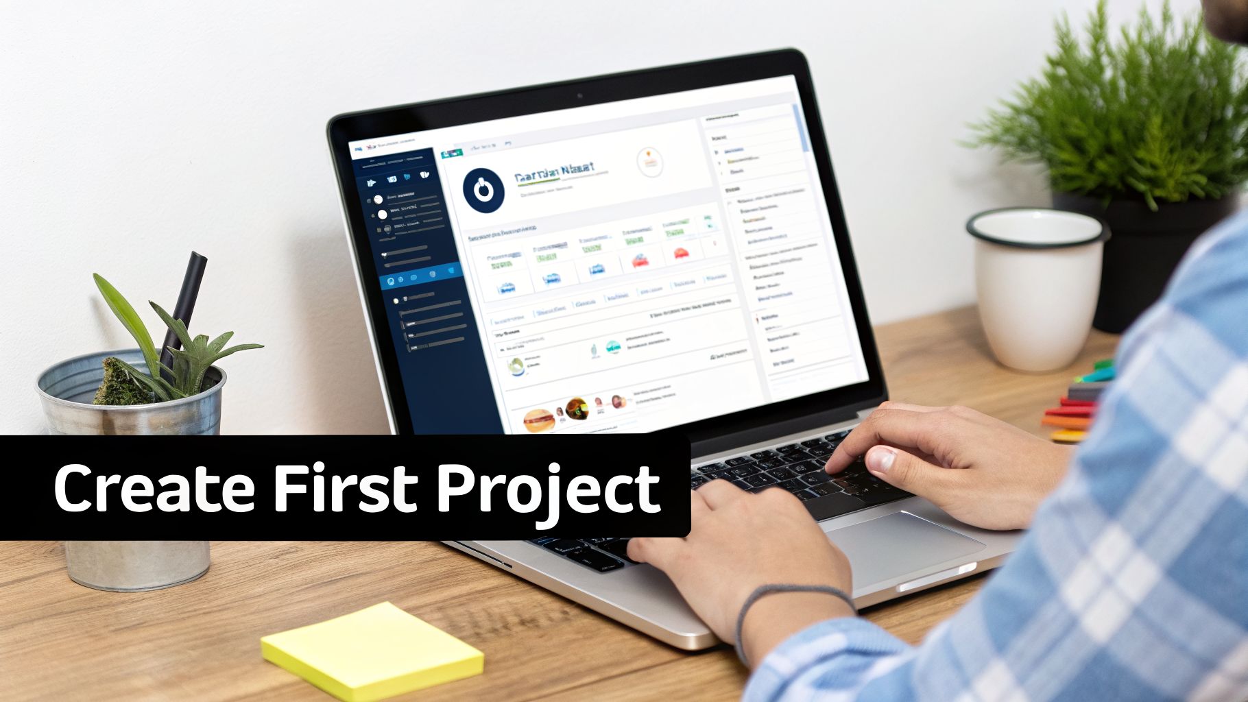 A person works on a laptop at a clean wooden desk, showing a project management interface.