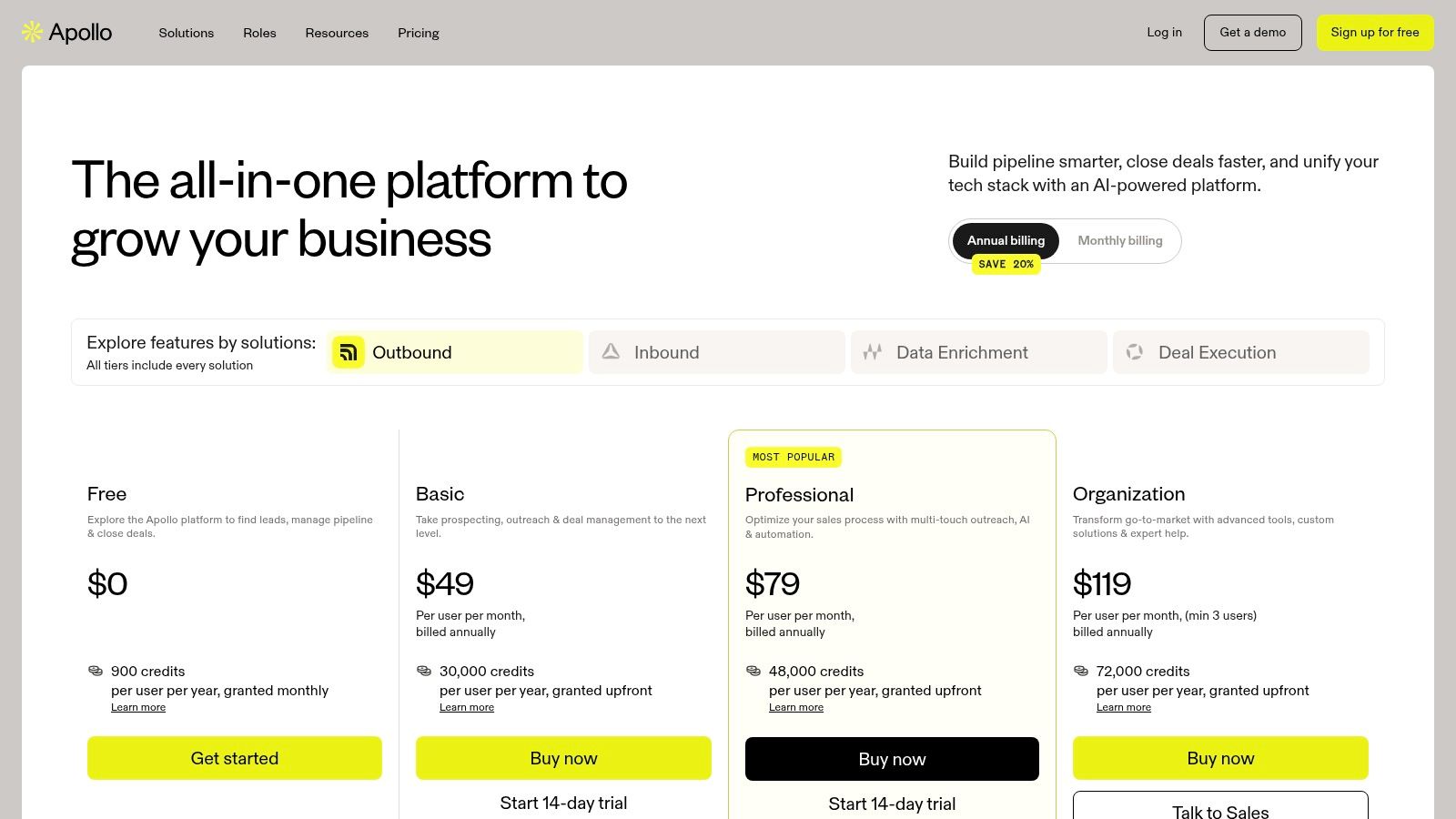 Apollo.io pricing plans showing Free, Basic, and Professional tiers