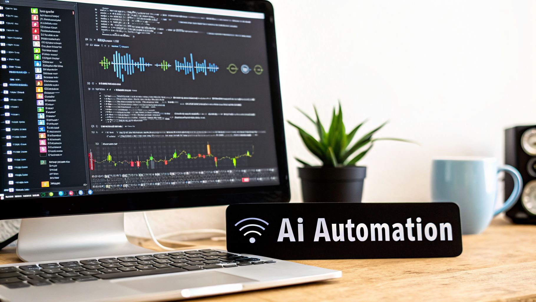 A desk setup with a laptop, monitor displaying code and graphs, and an 'AI Automation' sign.