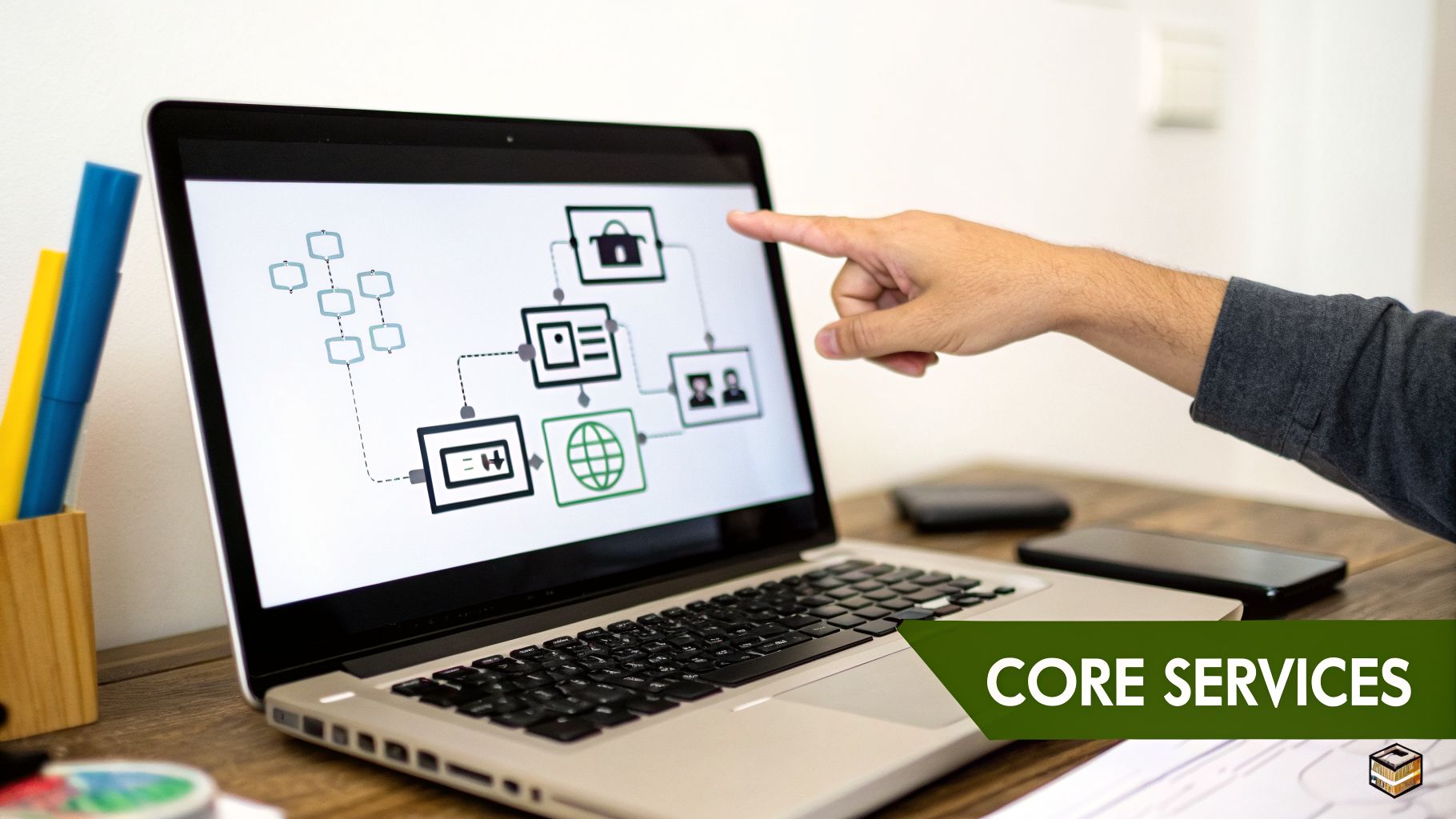 A hand points at a laptop screen displaying a business process flowchart with various icons.
