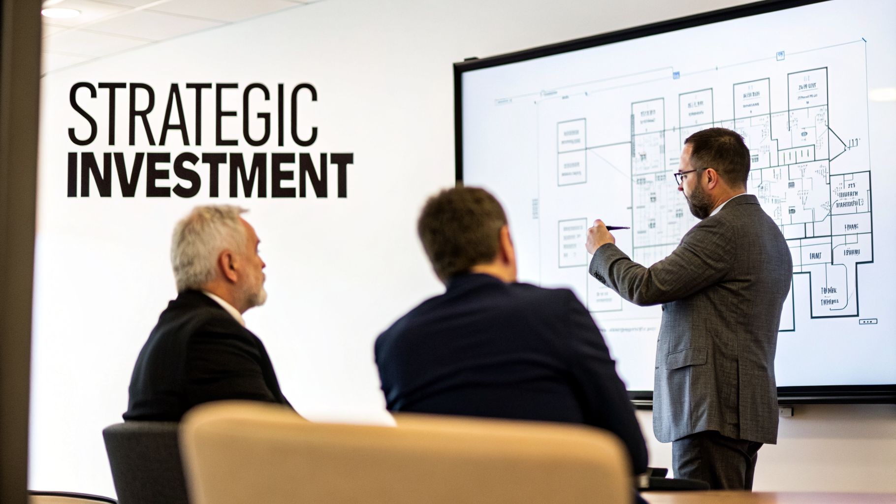A business professional presents a strategic investment plan on a large screen to two colleagues.